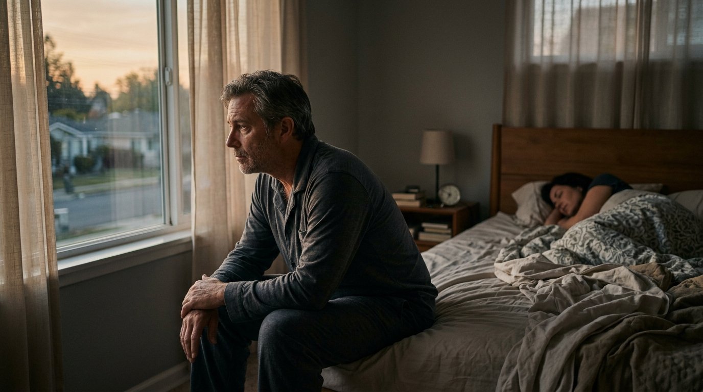 Man sitting on edge of bed at dawn, pensive
